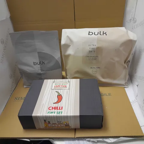 BOX OF ASSORTED FOOD AND DRINK ITEMS TO INCLUDE CHILLI GIFT SET, BULK ULTRA FINE OATS AND PURE WHITE PROTEIN