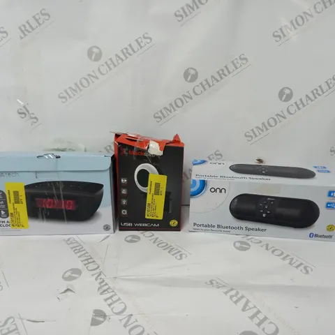 APPROXIMATELY 20 ASSORTED ITEMS TO INCLUDE ALARM CLOCK, PORTABLE BLUETOOTH SPEAKER, BLACKWEB USB WEBCAM ETC. 