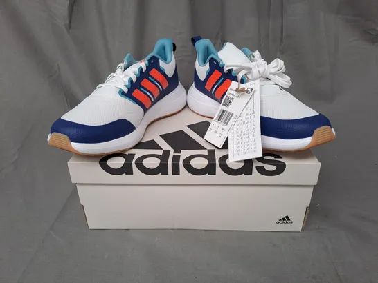 BOXED PAIR OF ADIDAS FORTARUN 2.0 K SHOES IN WHITE/BLUE/ORANGE UK SIZE 4