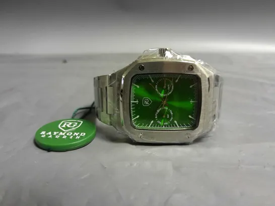 MENS RAYMOND GAUDIN WATCH IN GREEN/SILVER MULTI FUNCTION DIAL STAINLESS CASE & STRAP 5ATM WATER RESISTANT WOODEN GIFT BOX