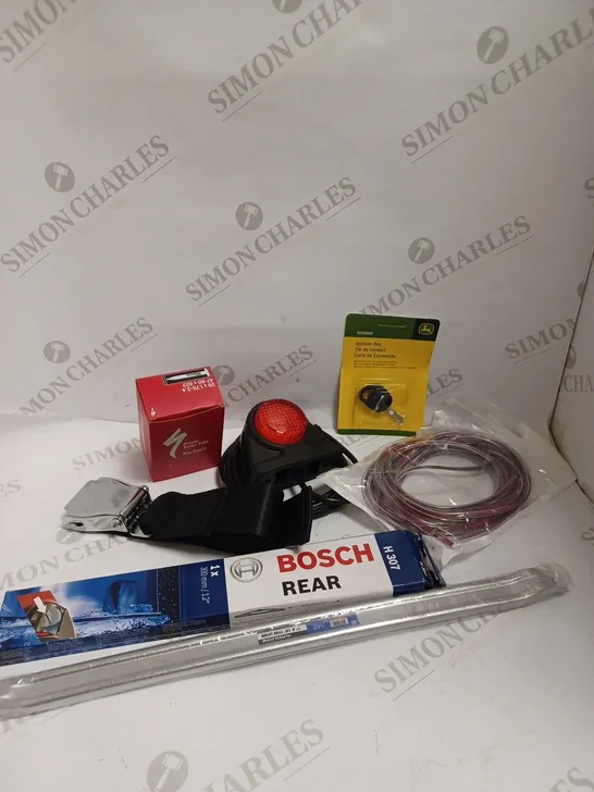 BOX OF APPROXIMATELY 15 ASSORTED VEHICULAR PRODUCTS TO INCLUDE BOSCH REAR WIPER BLADE, IGNITION KEY, PRESTA TURBO TUBE ETC 