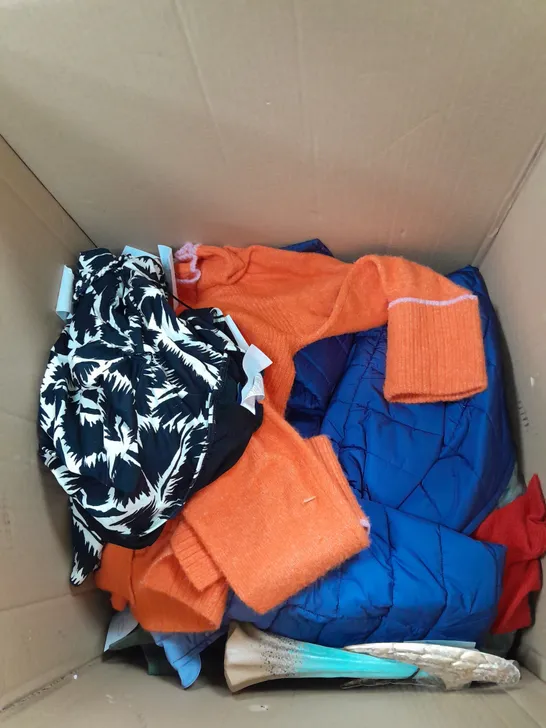 LARGE BOX OF ASSORTED CLOTHING ITEMS TOO INCLUDE TOPS , TROUSERS AND JUMPERS COMING IN DIFFERENT COLOURS AND SIZES 