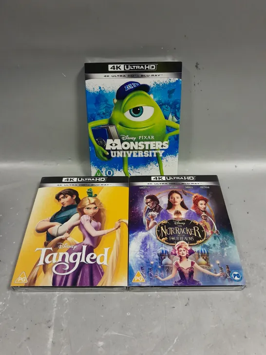 3 X ASSORTED SEALED DISNEY 4K ULTRA HD BLU-RAYS TO INCLUDE TANGLED, MONSTER UNIVERSITY, THE NUTCRACKER ETC 