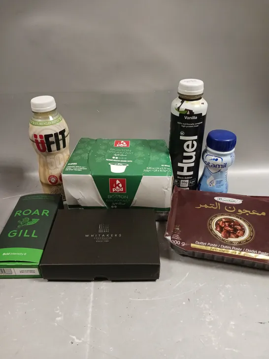 APPROXIMATELY 15 ASSORTED FOOD/DRINK PRODUCTS TO INCLUDE ROAR GILL COFFEE, HUEL MEAL DRINK, DATES PASTE ETC - COLLECTION ONLY 