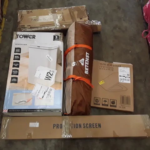PALLET OF ASSORTED PRODUCTS INCLUDING SENSOR BIN, TOILET SEAT, BAGGED TENT, SCOOTER, PROJECTION SCREEN