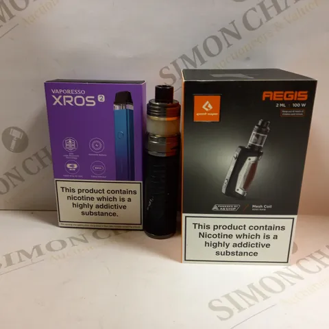 BOX OF APPROXMATELY 28 E-CIGARETTES AND LIQUIDS TO INCLUDE VOOPOO DRAG S PRO, AEGIS MAX 100W MESH COIL, VAPORESSO XROS2, ETC