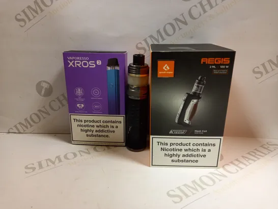 BOX OF APPROXMATELY 28 E-CIGARETTES AND LIQUIDS TO INCLUDE VOOPOO DRAG S PRO, AEGIS MAX 100W MESH COIL, VAPORESSO XROS2, ETC