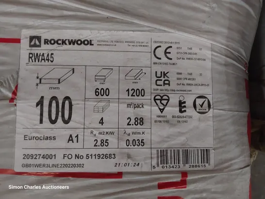 ROLL OF ROCKWOOL RWA45 ACOUSTIC INSULATION SLAB 1200 × 600 × 100mm TOYAL 2.88sq m