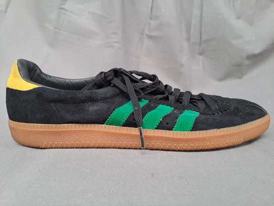 BOXED PAIR OF ADIDAS SHOES IN BLACK/GREEN/YELLOW UK SIZE 10