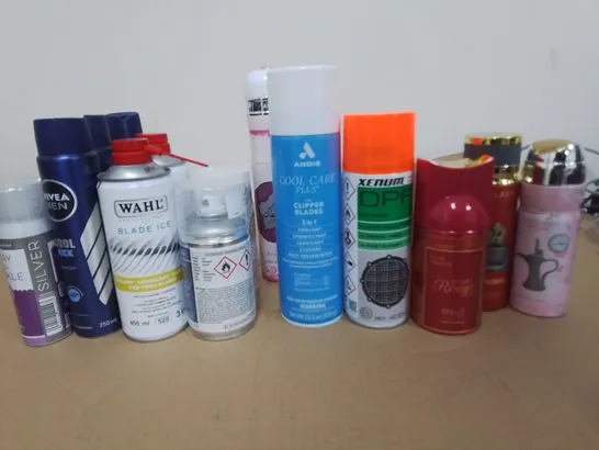 LOT OF ASSORTED HOME AEROSOLS TO INCLUDE XENUM DPF CLEANER, ANDIS COOL CARE FOR CLIPPER BLADES AND NIVEN DEODORANT 