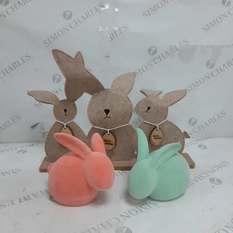 ASSORTED DECOR TO INCLUDE SET OF 2 FLOCKED SPRING RABBITS AND EASTER BUNNY ORNAMENT 