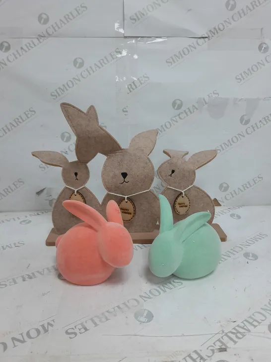 ASSORTED DECOR TO INCLUDE SET OF 2 FLOCKED SPRING RABBITS AND EASTER BUNNY ORNAMENT 