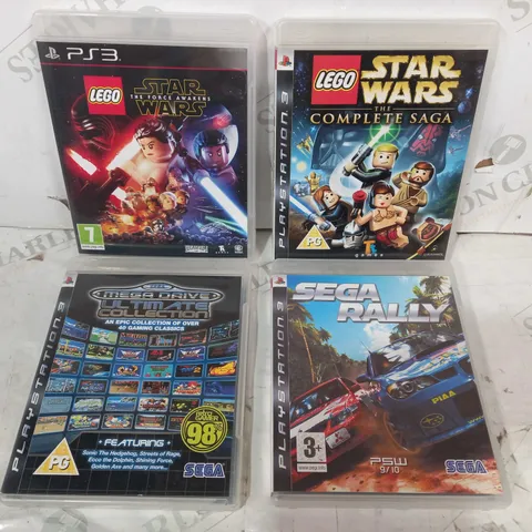 LOT OF 4 PLAYSTATION 3 GAMES TO INCLUDE LEGO STAR WARS THE COMPLETE SAGA, SEGA RALLY, LEGO STAR WARS THE FORCE AWAKENS, ETC