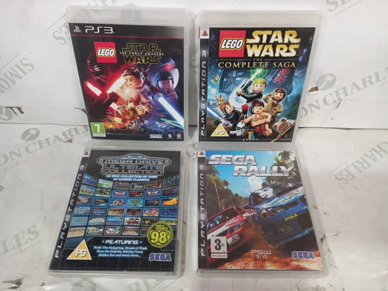 LOT OF 4 PLAYSTATION 3 GAMES TO INCLUDE LEGO STAR WARS THE COMPLETE SAGA, SEGA RALLY, LEGO STAR WARS THE FORCE AWAKENS, ETC