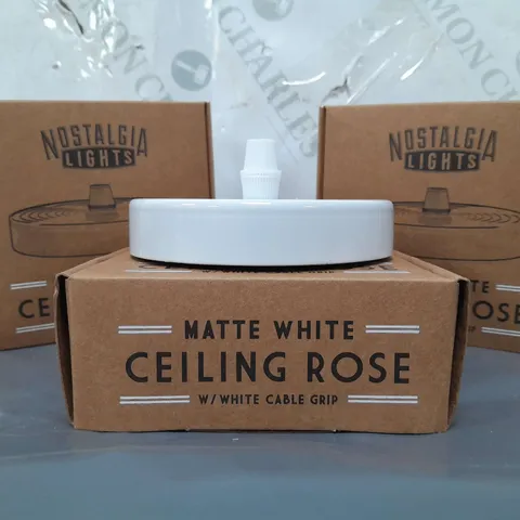 BOXED NOSTALGIA LIGHTS SET OF 10 CEILING ROSE IN MATTE WHITE W. WHITE CABLE GRIP