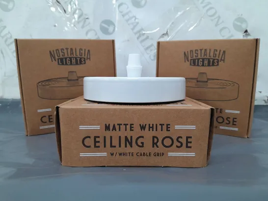 BOXED NOSTALGIA LIGHTS SET OF 10 CEILING ROSE IN MATTE WHITE W. WHITE CABLE GRIP