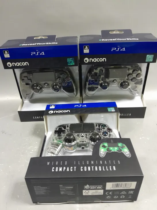 3 X BOXED NACON WIRED PS4 CONTROLLERS IN VARIOUS DESIGNS 