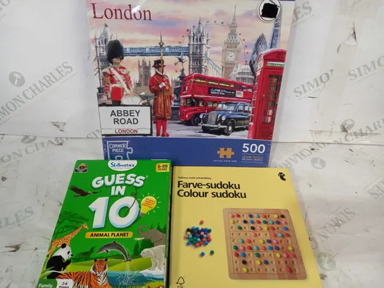 BOX OF APPROXIMATELY 15 ASSORTED TOYS AND GAMES TO INCLUDE COLOUR SUDOKU, GUESS IN 10 ANIMAL PLANET, LONDON ABBEY ROAD 500 PIECE JIGSAW PUZZLE, ETC