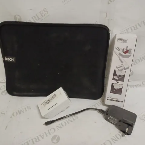 BOX OF APPROX 10 ITEMS INCLUDING SKECH LAPTOP SLEEVE, FLEXSON 5M POWER CABLE, WIFI EXTENDER PLUG