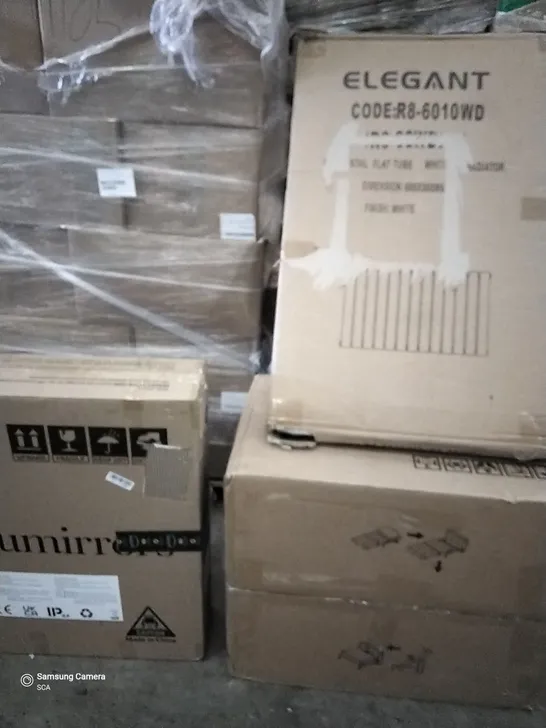 PALLET OF ASSORTED ITEMS INCLUDING ELEGANT WHITE RADIATOR, SOFA BED, FUTON AND GAMING DESK