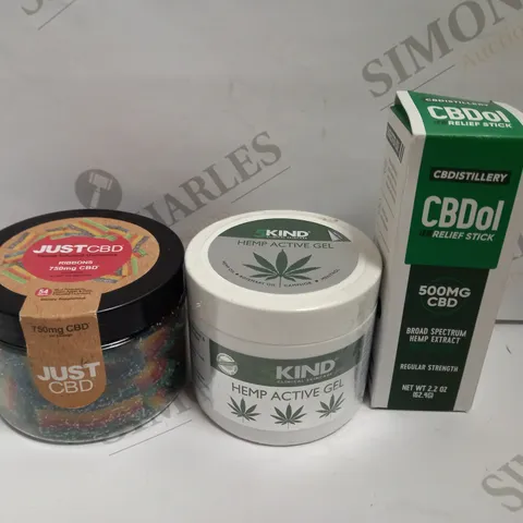 LOT OF 16 CBD & HEMP RELATED PRODUCTS AND FOODS TO INCLUDE JUST CBD HEMP INFUSED RIBBON GUMMIES (750g), 5KIND HEMP ACTIVE GEL, CBDOL RELIEF STICK 500mg, ETC