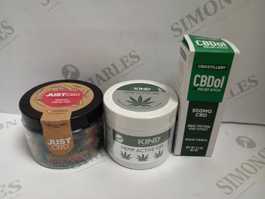 LOT OF 16 CBD & HEMP RELATED PRODUCTS AND FOODS TO INCLUDE JUST CBD HEMP INFUSED RIBBON GUMMIES (750g), 5KIND HEMP ACTIVE GEL, CBDOL RELIEF STICK 500mg, ETC