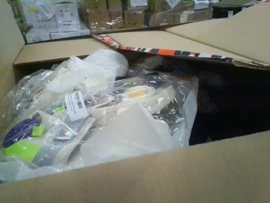 PALLET OF ASSORTED ITEMS TO INCLUDE KEYBOARDS, KEYCAPS, BLANKETS, SHOES, PARTY DECOR ETC