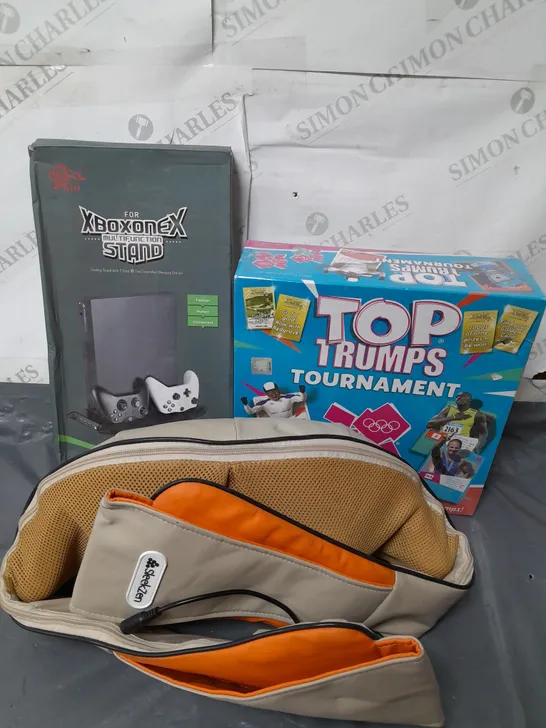 BOX OF ASSORTED ITEMS TO INCLUDE - XBOXONEX STAND - TOP TRUMPS - MASSAGER BELT / COLLECTION ONLY 