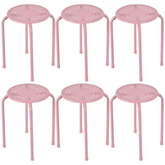 BOXED COSTWAY SET OF 6 PINK STACKABLE MULTIFUNCTIONAL DAISY DESIGN BACKLESS ROUND METAL STOOL SET (1 BOX)