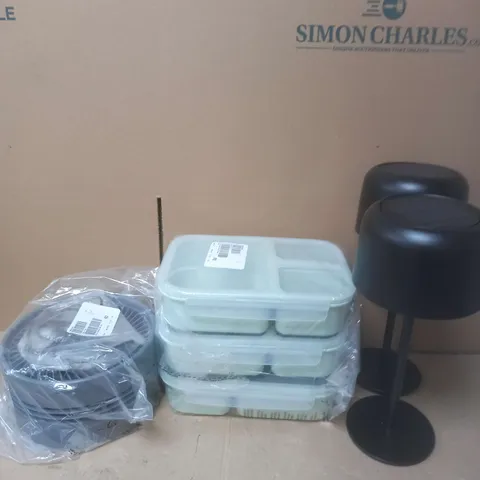 BOX OF APPROXIMATELY 20 ASSORTED ITEMS TO INCLUDE - LED LIGHTS , FOOD CONTAINERS , FANS , ETC 