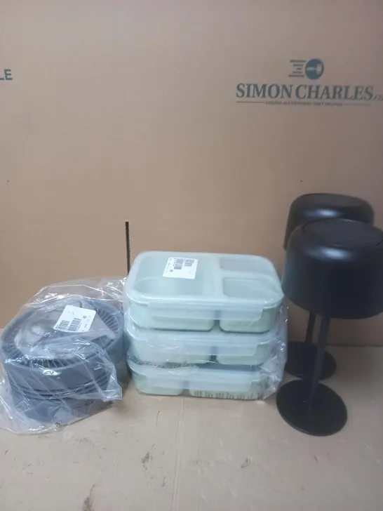 BOX OF APPROXIMATELY 20 ASSORTED ITEMS TO INCLUDE - LED LIGHTS , FOOD CONTAINERS , FANS , ETC 