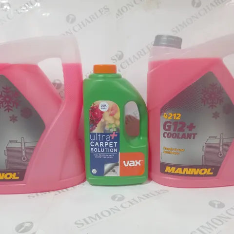 3 ASSORTED LIQUIDS TO INCLUDE MANNOL 4212 G12+ COOLANT, AND VAX ULTRA+ CARPET SOLUTION