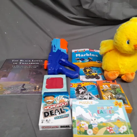 LARGE BOX OF ASSORTED TOYS AND GAMES TO INCLUDE TEDDIES, HOT WHEELS AND CARD GAMES