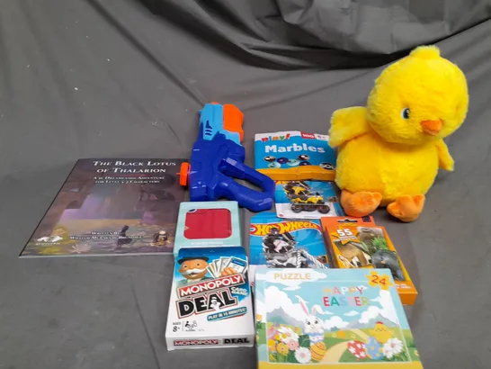 LARGE BOX OF ASSORTED TOYS AND GAMES TO INCLUDE TEDDIES, HOT WHEELS AND CARD GAMES