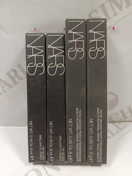 LOT OF 4 ASSORTED NARS PRODUCTS TO INCLUDE 2 X LIP GLOSS #BELIZE, 2 X TINTED SMUDGE PROOF EYESHADOW BASE #MEDIUM 