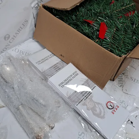 BOX OF APPROXIMATELY 10 ASSORTED ITEMS TO INCLUDE CUTLERY SET, CHRISTMAS DECORATION, SUBLIMATION PAPER ETC