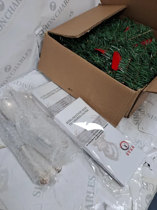 BOX OF APPROXIMATELY 10 ASSORTED ITEMS TO INCLUDE CUTLERY SET, CHRISTMAS DECORATION, SUBLIMATION PAPER ETC