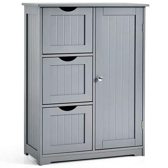 BOXED COSTWAY 1 DOOR FREESTANDING BATHROOM CABINET WITH 3 DRAWERS - GREY