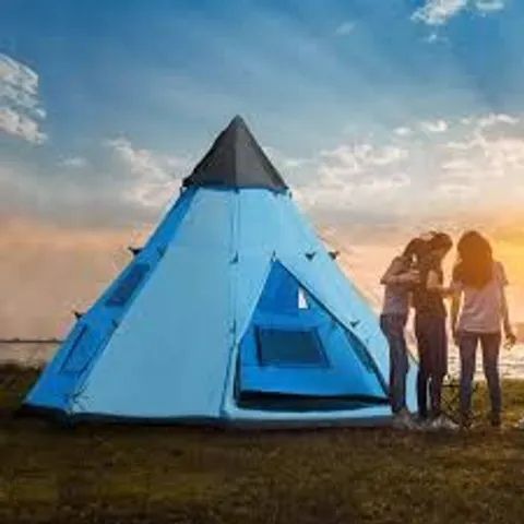 BOXED OUTSUNNY 6 MEN TIPI TENT, CAMPING TENT, TEEPEE FAMILY TENT WITH MESH WINDOWS, SEWN-IN TENT FLOOR, TWO DOORS AND CARRY BAG, EASY SET UP, FOR HIKING PICNICS OUTDOOR NIGHT, BLUE