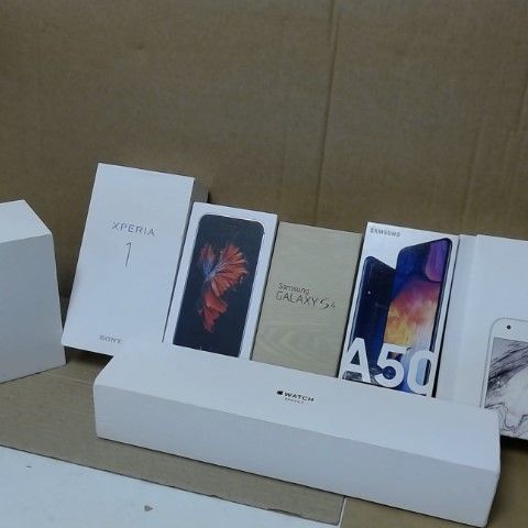 BOX OF ASSORTED EMPTY ELECTRONICS CASES TO INCLUDE SAMSUNG A50,GOOGLE PIXEL XL,APPLE WATCH SERIES 3,SAMSUNG GALAXY S4,IPHONE 6S,APPLE WATCH SERIES 3 AND SONY XPERIA 1 
