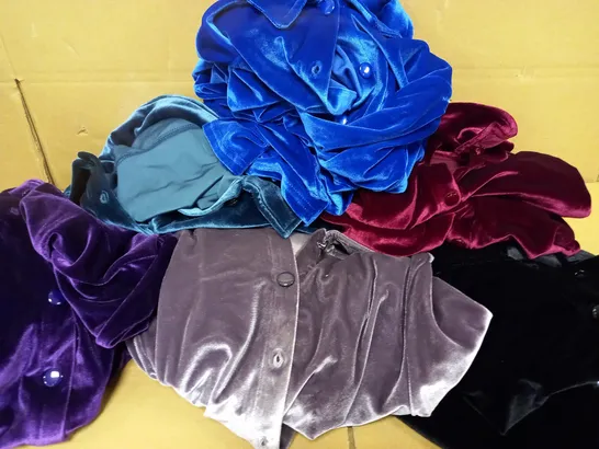 BOX OF VARIOUS WOMEN'S CLOTHING ITEMS TO INCLUDE VELVET-FEEL SHIRTS, BLACK BLAZERS, LONG-SLEEVED T-SHIRTS AND LIGHT JUMPERS WITH FLORAL DIAMANTE DETAIL