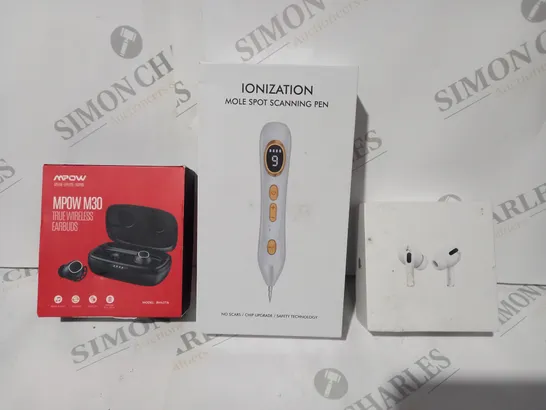 BOX OF APPROXIMATELY 10 ASSORTED HOUSEHOLD ITEMS TO INCLUDE WIRELESS EARBUDS, IONIZATION MOLE SPOT SCANNING PEN, MPOW M30 TRUE WIRELESS EARBUDS, ETC