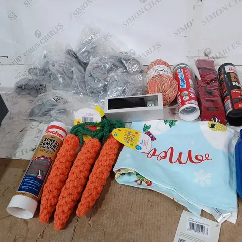 ASSORTED ITEMS TO INCLUDE: NO MORE NAILS, EXPRESS CEMENT PREMIUM, TAPE DISPENSER, CARROT PET CHEW TOYS ETC 