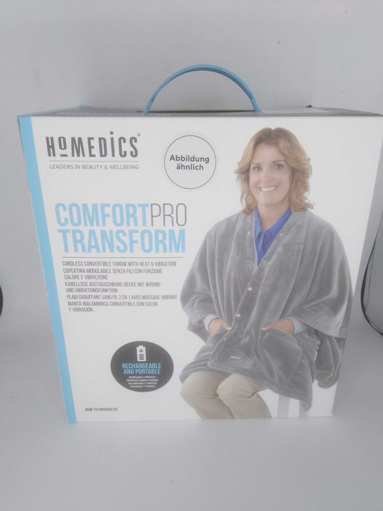 BOXED HOMEDICS COMFORT PRO TRANSFORM CORDLESS CONVERTIBLE THROW WITH HEAT AND VIBRATION
