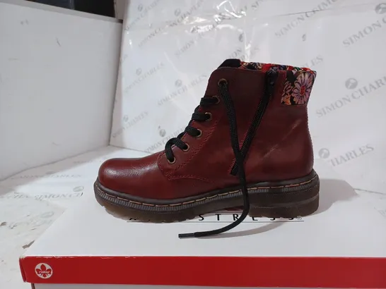 BOXED PAIR OF RIEKER LACE UP BOOTS WITH INTEREST COLLAR IN RED UK SIZE 5