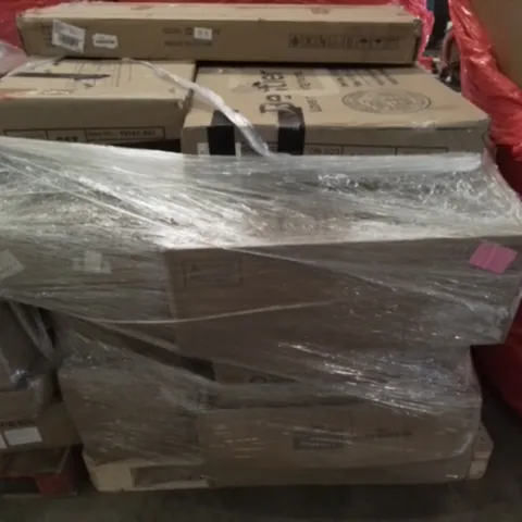 PALLET OF ASSORTED HOUSEHOLD ITEMS TO INCLUDE COMPUTER DESK, BOXED TV UNIT AND GAMING CHAIR