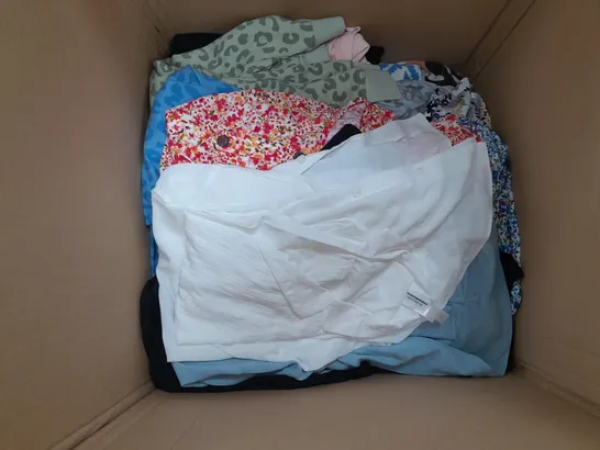 LARGE BOX OF ASSORTED CLOTHING ITEMS TOO INCLUDE TOPS , TROUSERS AND JUMPERS COMING IN DIFFERENT COLOURS AND SIZES 