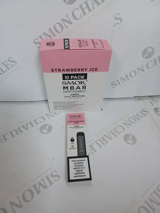 BOX OF APPROXIMATELY 10 BOXES OF STRAWBERRY ICE 10 PACK SMOK M BAR DISPOSABLE 20MG SALT NICOTINE