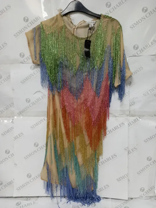 WAREHOUSE RAINBOW BEADED FRINGE SHIFT DRESS - UK 14