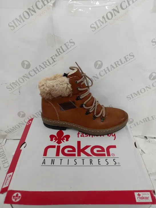 BOXED PAIR OF RIEKER LACE UP ANKLE BOOTS - TAN - UK SIZE 5